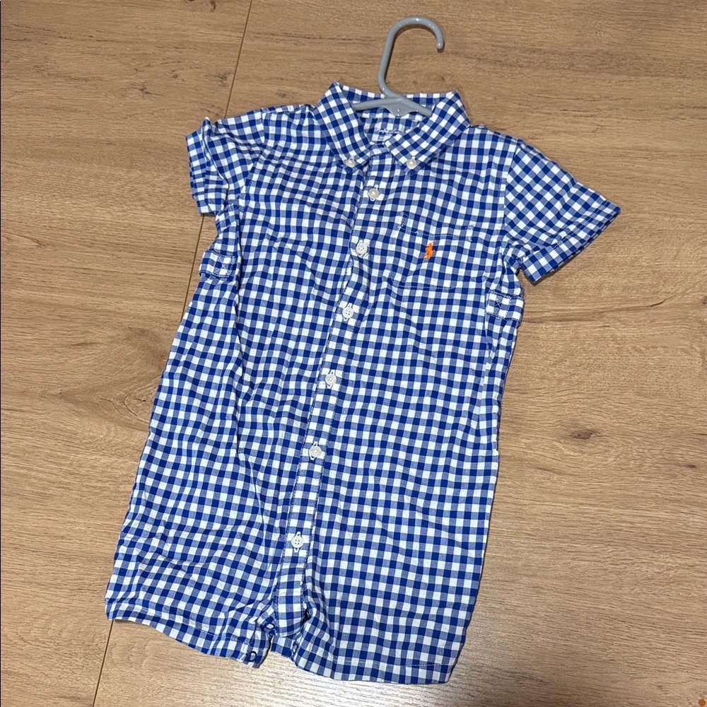 Ralph Lauren Kids Blue and White Checkered Button Up Romper